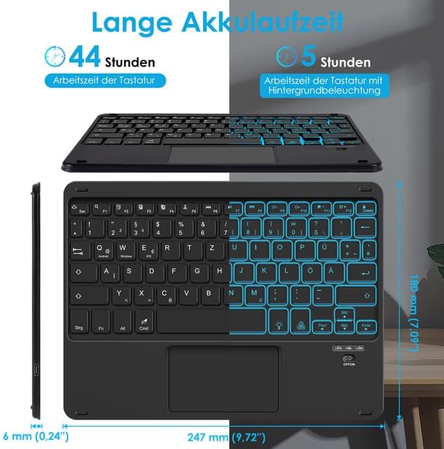 SOPPY Tastatur mit Touchpad kabellose Bluetooth Tastaturen mit 7-Farbiger Hintergrundbeleuchtung, Ul