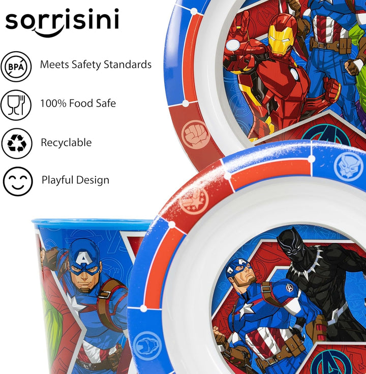 Kindergeschirr Set Avengers, Wiederverwendbares Set, Geschirr mit Teller, Müslischale und Tasse, Frü