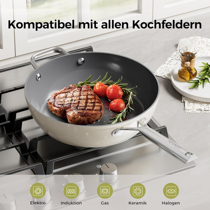 28cm Keramik Pfanne mit deckel, DiamondTitan-Keramikbeschichtung, Antihaft Keramik Bratpfanne mit Ed