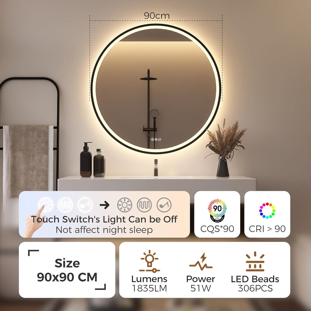 STARLEAD Badspiegel-Rund-mit-Beleuchtung 90cm Diameter, LED-Spiegel-Rund mit Bluetooth, Dimmbar, 3 L