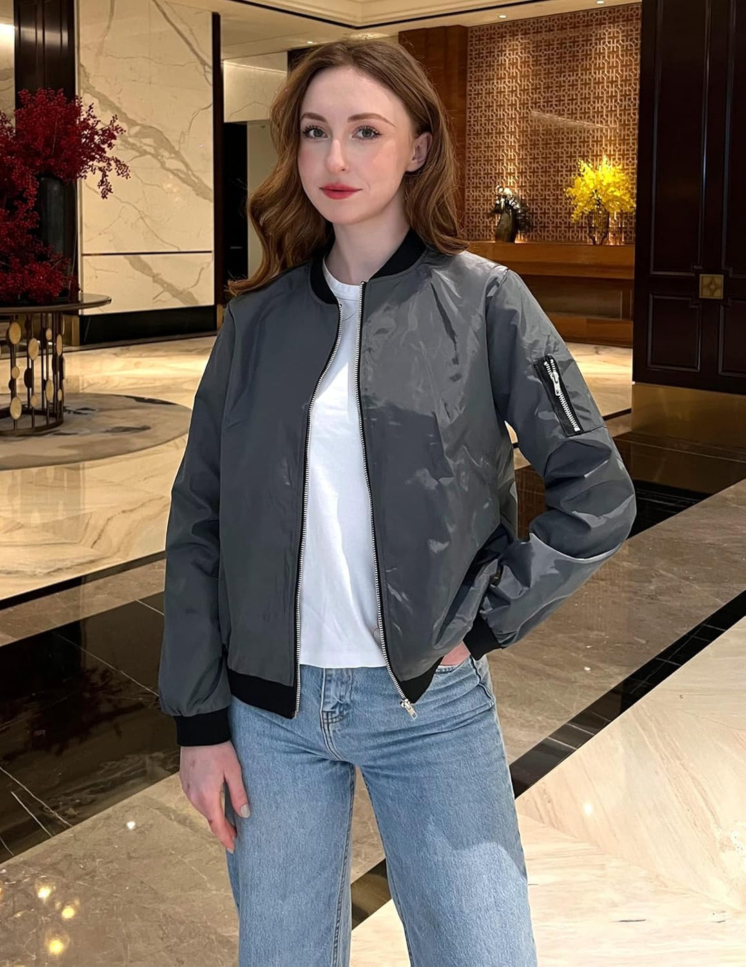 Zeagoo Bomberjacke Damen Kurze Blouson Jacke Casual Pilotenjacke Langarm Outwear Zip Up Solid Leicht