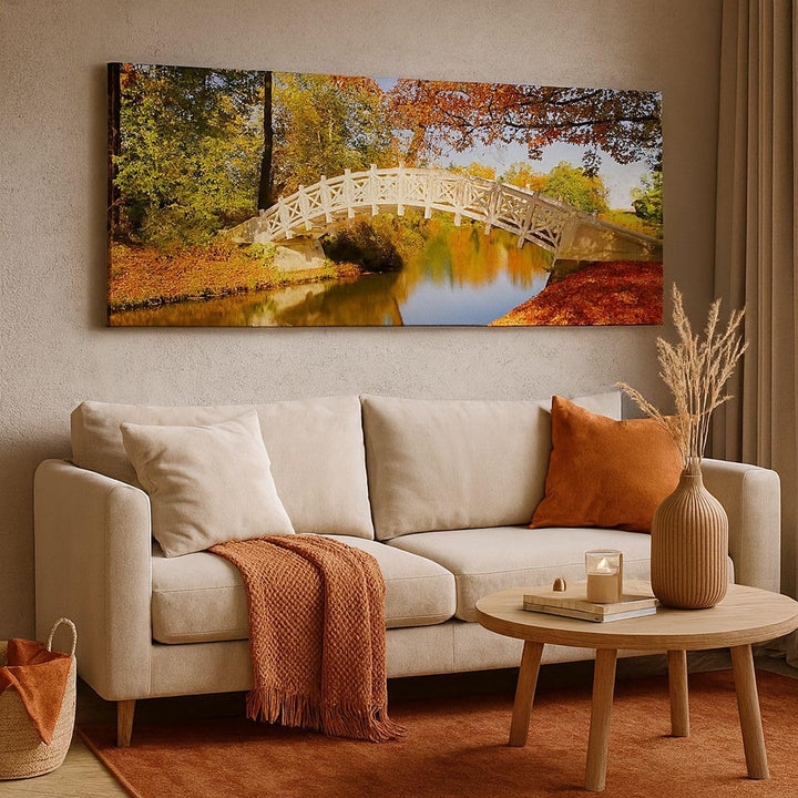 Wandbilder Dekoration Wohnzimmer Stream Fussgängerbrücke Herbst Panorama Bilder auf Leinwand 120x50c