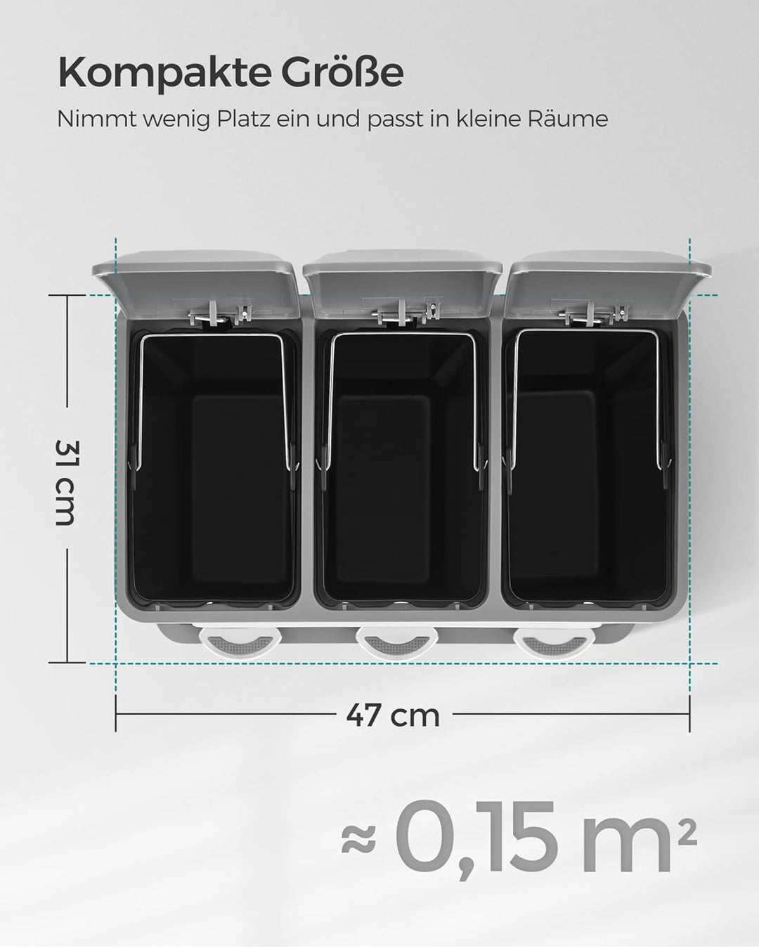SONGMICS Mülleimer für die Küche, 3 x 8 L, Abfalleimer aus Metall, 3-in-1 Treteimer, Mülltrennung, M