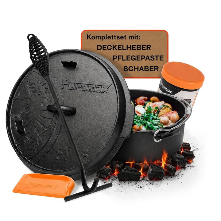 Petromax Feuertopf ft6 Set Einsteiger – bestehend aus Feuertopf ft6, Deckelheber, Schaber, Pflegepas