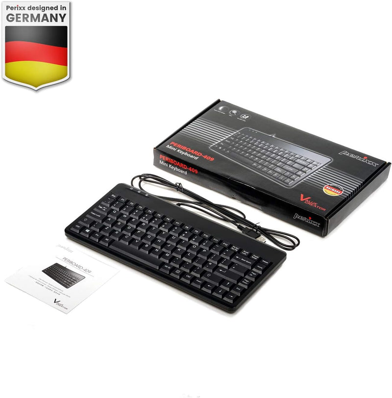 Perixx PERIBOARD-409 Mini Wired Keyboard - USB - US English Layout - Piano Black Finish - 315x147x20