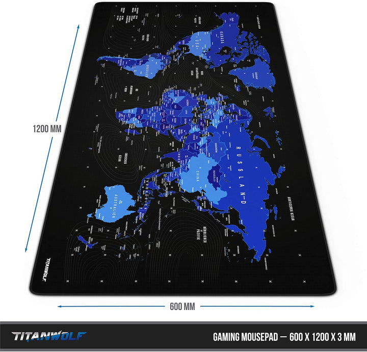 CSL - Übergrösse DEUTSCHES Layout Titanwolf Mauspad 1200x600mm Weltkarte - XXXL Mousepad gross mit M