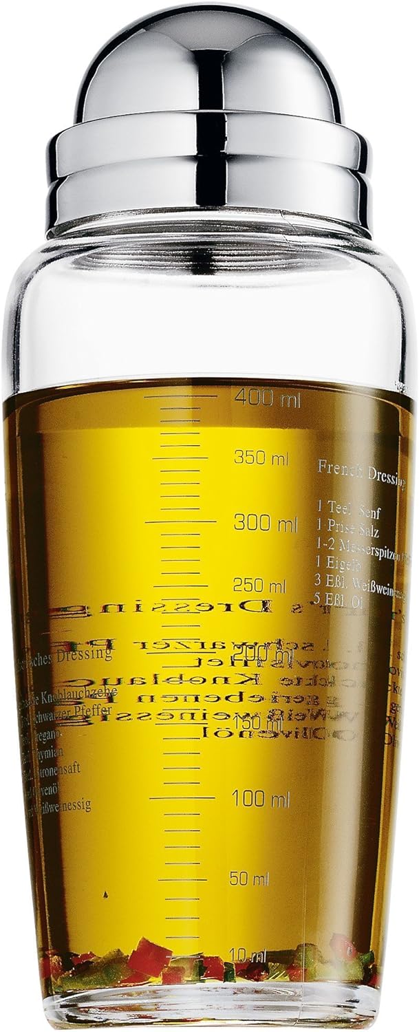 WMF Salat Dressingshaker 400ml, Glasbehälter mit Skalierung, mit 5 aufgedruckte Rezepte, Glas, Croma