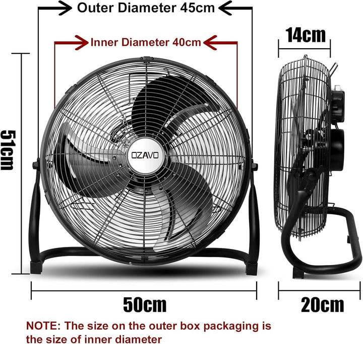 OZAVO Standventilator, Windmaschine ⌀35/45/50 cm mit 3 Laufgeschwindigkeiten, Bodenventilator Power,