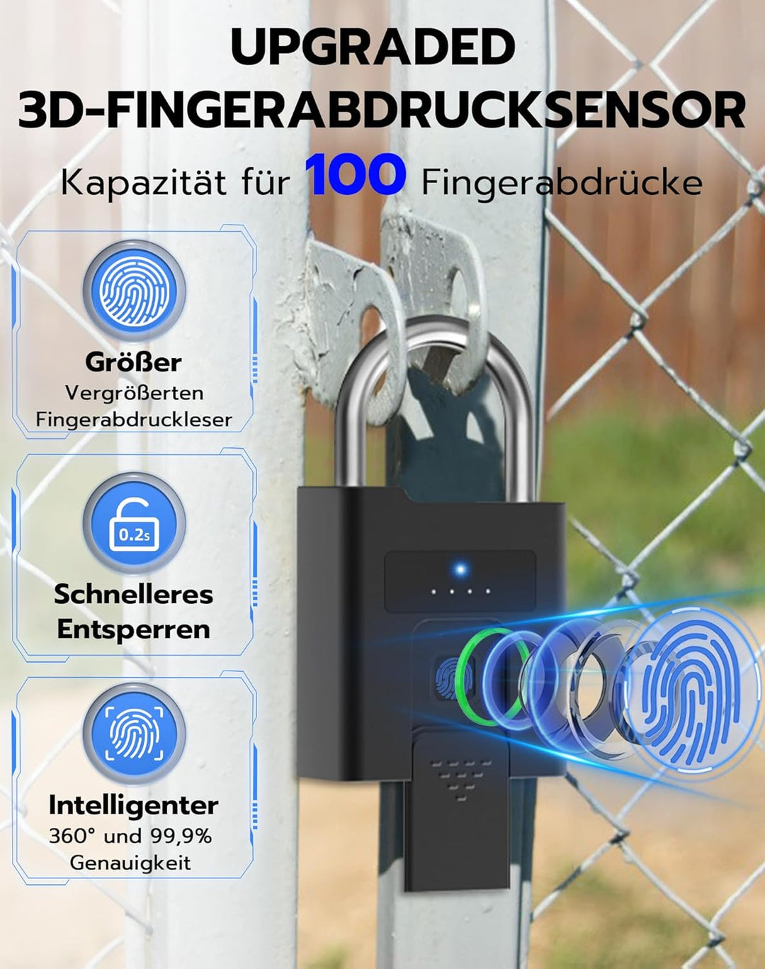 Eseesmart Fingerabdruck Schloss - Vorhängeschlösser mit Schlüssell APP Kontrolle, Fingerprint Vorhän