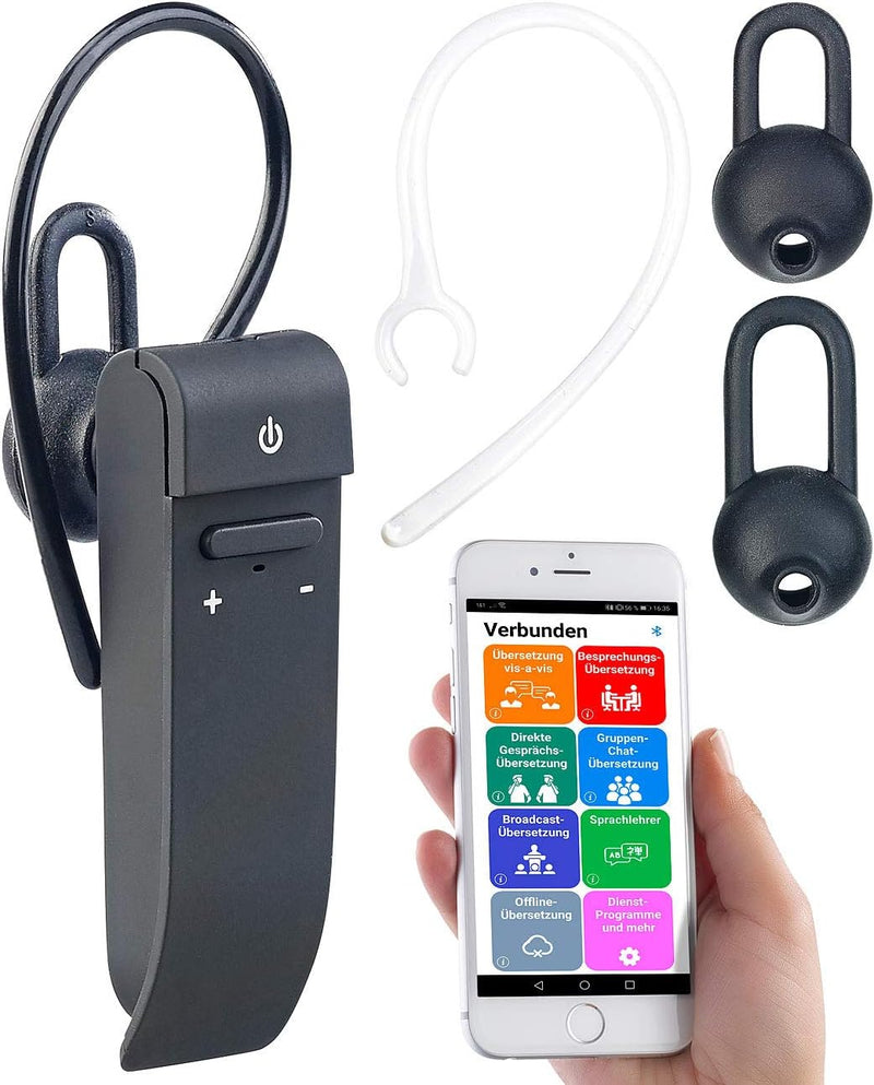 Callstel Sprachübersetzer: 2in1-Live-Übersetzer und In-Ear-Mono-Headset, kabellos, Bluetooth, App (T