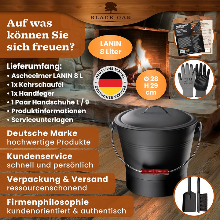 BLACK OAK Ascheeimer LANIN 8L - Asche-Eimer schwarz mit Deckel & Holz-Griff DUNKEL + Feger + Schaufe