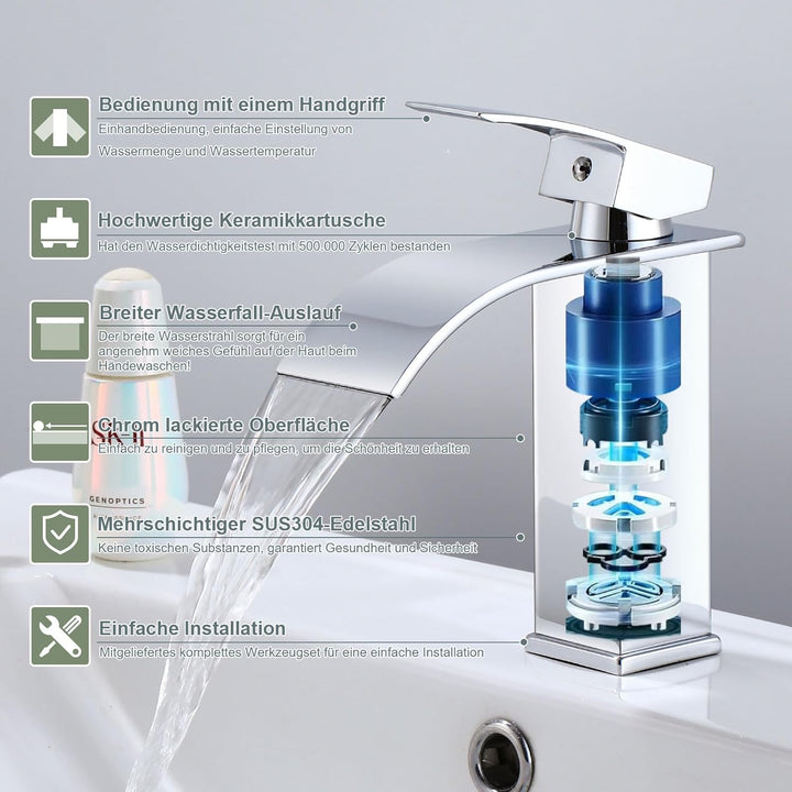 SGUVK Wasserhahn Bad Wasserfall Waschtischarmatur Chrom, Edelstahl Einhebelmischer, Heiss und Kalt e