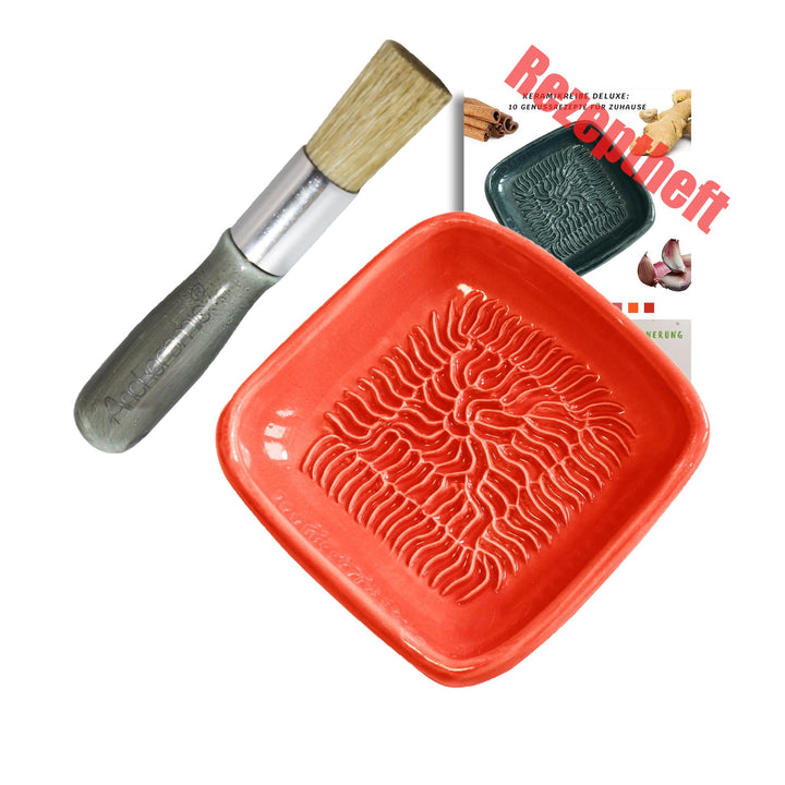 Ceramico Reibeteller &amp; Backpinsel mit Naturborsten, Set aus Keramik für Knoblauch, Ingwer, Muskat, H