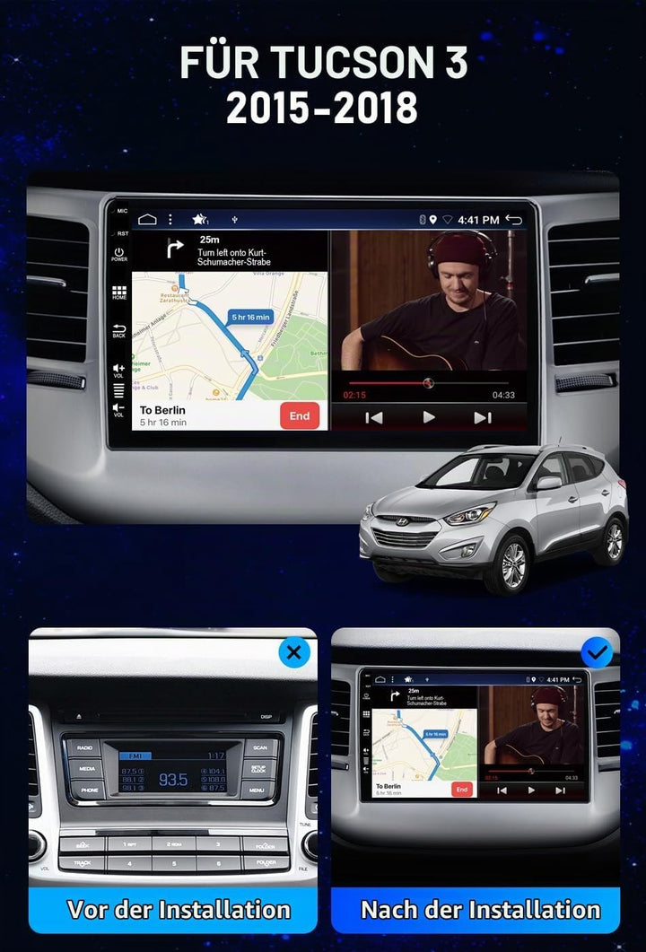 BXLIYER - [6G+128G] - Android 12 IPS Autoradio Passt für Hyundai Tucson (2014-2018) - Kabellos CarPl