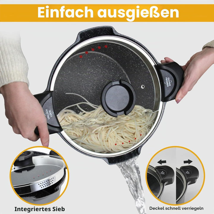 ROSSETTO Nudeltopf 24 cm Nudelkocher mit verschliessbarem Deckel, 4,5 l Spaghetti-Kasserolle, Glasde