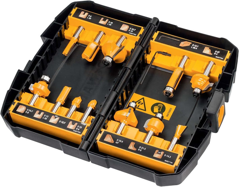 DeWalt 12-tlg. Hartmetall Fräser-Set (mit Anti Kickback Design, Premium Stahlkörper, HM Schneidplatt