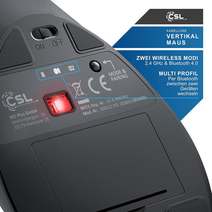CSL - kabellose Maus Vertikal Bluetooth + Funk 2.4 GHz - Neues Modell - USB Vertical Mouse – ergonom
