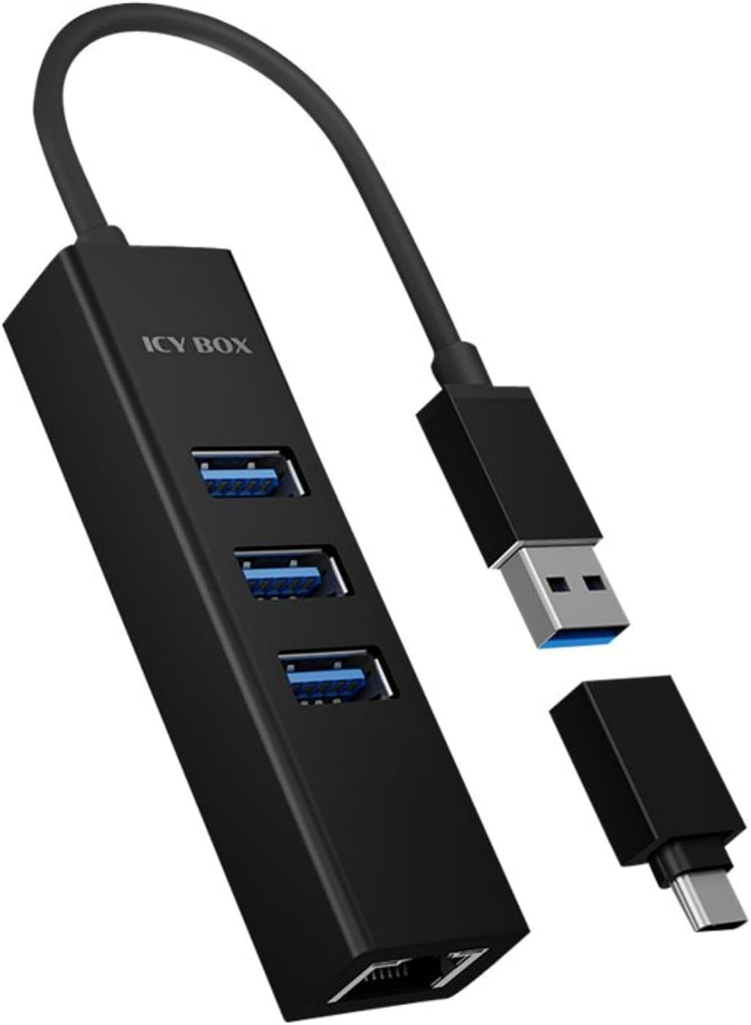ICY BOX IB-HUB1419-LAN Aluminium USB HUB mit 3 USB 3.0 Ports und RJ45 Gigabit Ethernet Netzwerkadapt