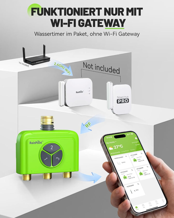 RAINPOINT WLAN Bewässerungscomputer 3-Wege ohne Gateway, Kompatibel mit HWG023/HWG040, IP65 Garten B