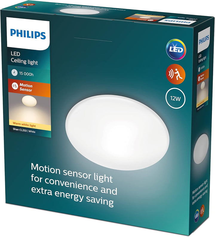 Philips LED Shan Deckenleuchte mit integriertem Bewegungssensor, 12W, Weiss warmweisses Licht (2700K