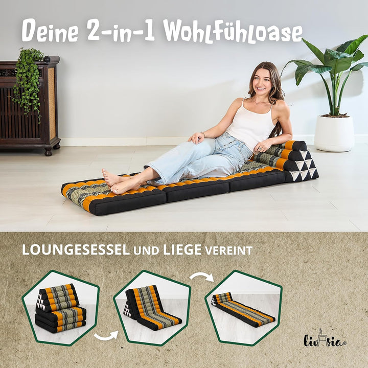 livasia Thaikissen mit 3 Auflagen, Dreieckskissen mit Klappmatratze, Keilkissen Kapok, Rückenkissen