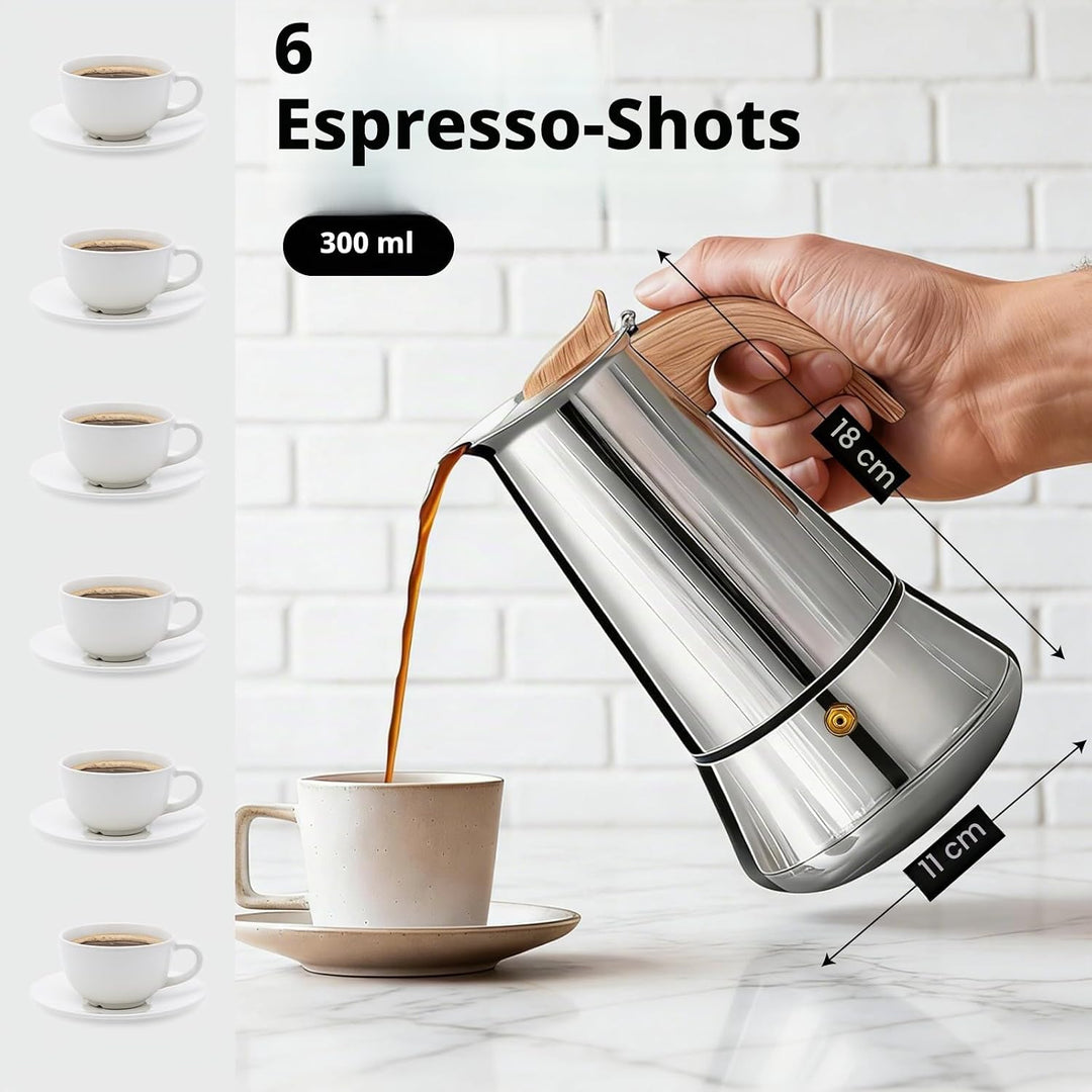 Romon Espressokocher Edelstahl, 6 Tassen 300ml Silber, Mokkakanne Mit Holzgriff, Geeignet Für Glaske