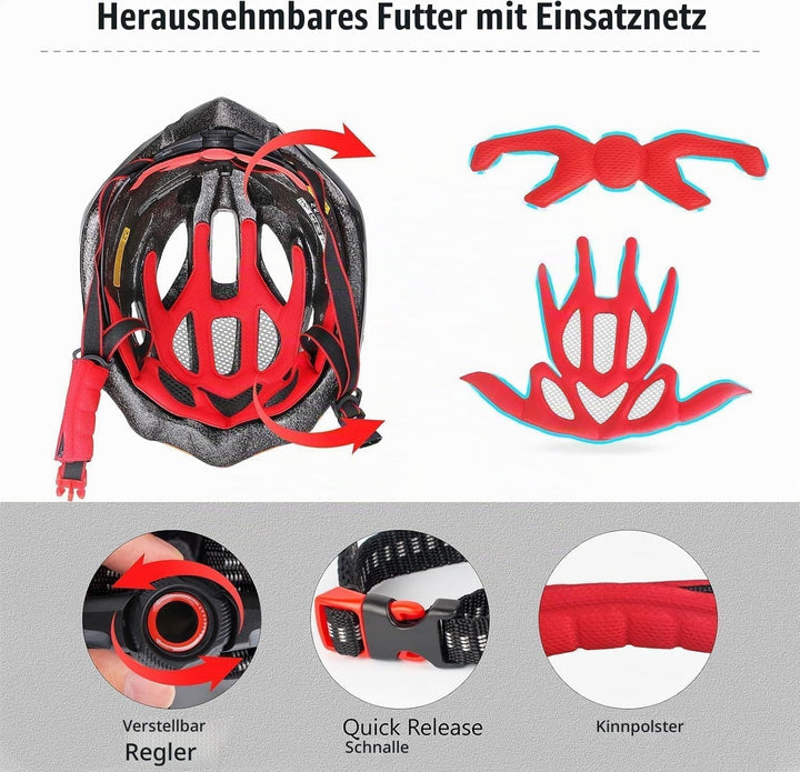 Shinmax Fahrradhelm Herren Damen MTB Helm Visier und Rücklicht mit 21 Belüftungskanäle - Erwachsene