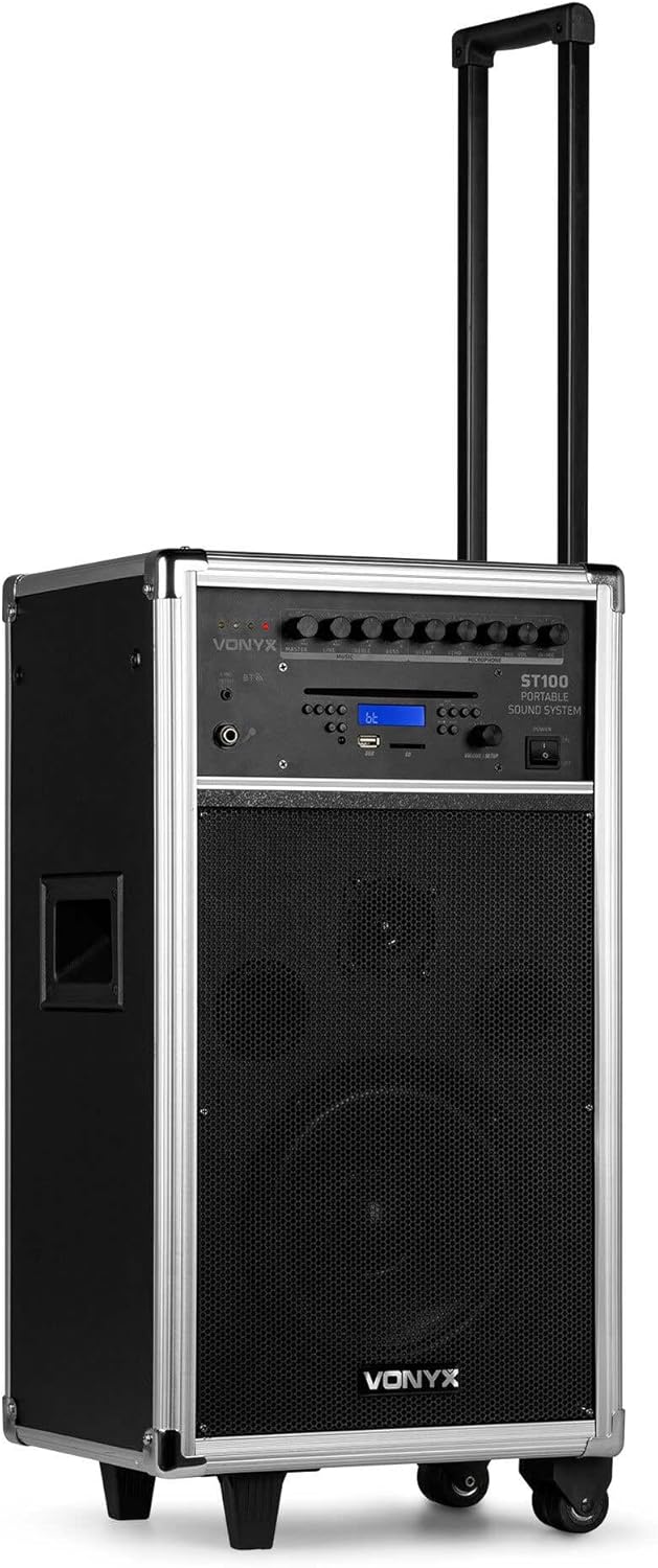 Vonyx ST100 Mobiler Akkulautsprecher mit 2 drahtlosen UHF-Mikrofonen, 1 kabelgebundenem Mikrofon, Bl