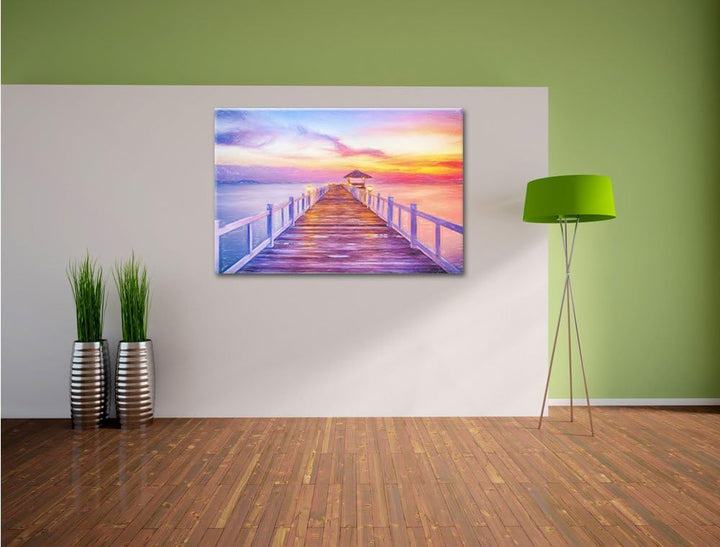 Pixxprint Steg ins Meer bei Sonnenuntergang als Leinwandbild/Grösse: 100x70 cm/Wandbild/Kunstdruck/f
