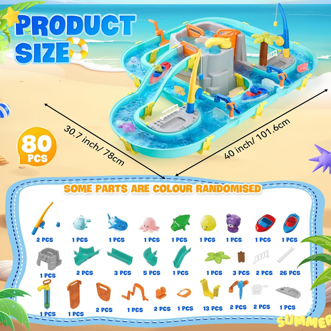 Wasserspielzeug mit Wasserbahn, 80 Teile Wasserbahn Kinder Draussen - Wassertisch Kinder mit Booten,