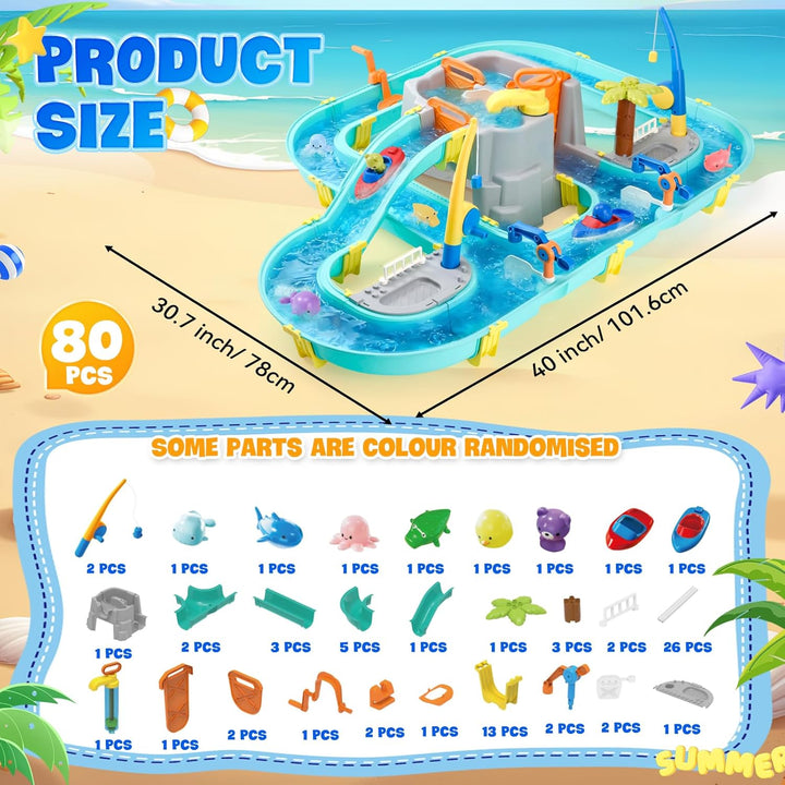 Wasserspielzeug mit Wasserbahn, 80 Teile Wasserbahn Kinder Draussen - Wassertisch Kinder mit Booten,