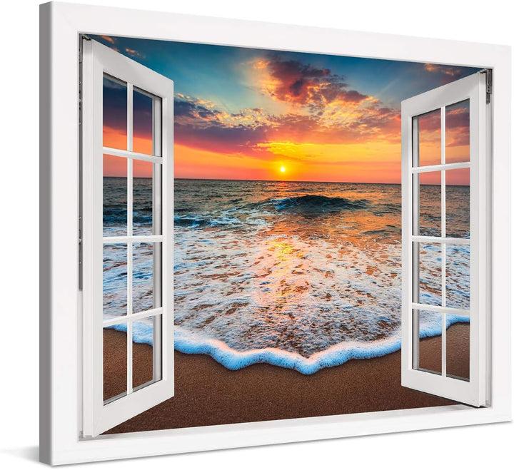 PICANOVA – Bild auf Leinwand Sonnenuntergang am Meer Fenster 80x60cm – Leinwandbild – Premium Leinwa