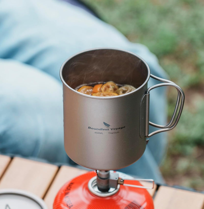 iBasingo 450ml Camping Becher Outdoor Tasse Titan Trinkbecher Mug mit Deckel & Klappgriff Ultraleich