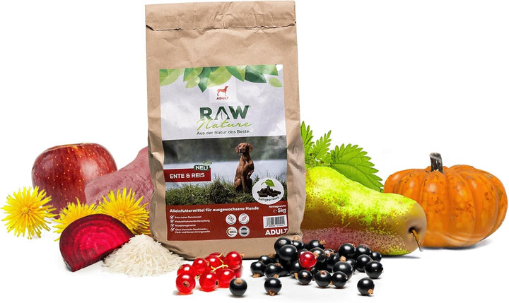 RAW Nature Trockenfutter Adult mit Ente 5kg, kaltgepresstes Hundefutter, Getreidefrei, 100% Muskelfl
