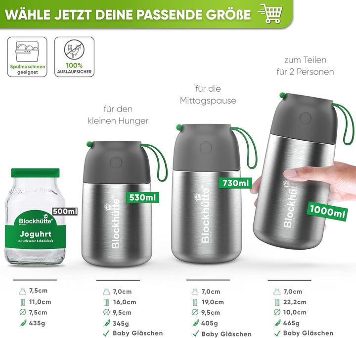 Blockhütte Edelstahl Thermobehälter I 1L l Essen warmhalten Behälter, auslaufsicher I Thermos Essens