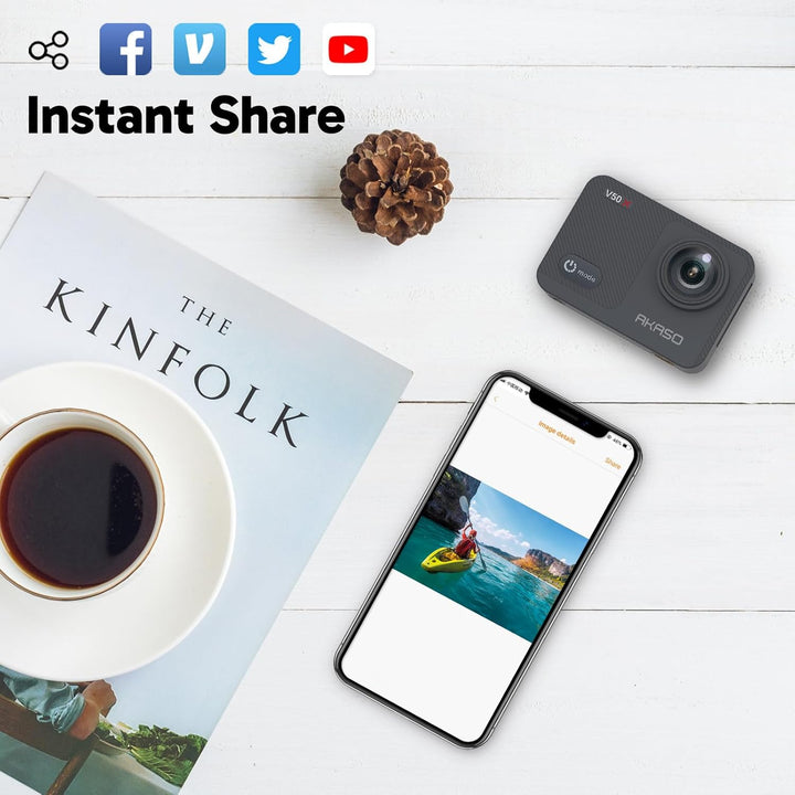 AKASO Action Cam 4K30FPS mit 60cm Stativ Selfie Stick und Tasche Unterwasserkamera WiFi 40M EIS Anti