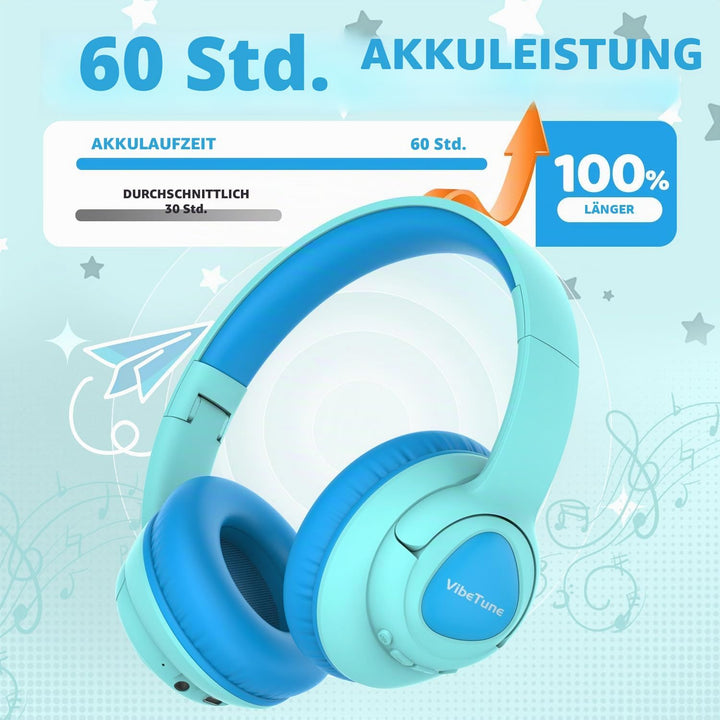 VibeTune Kinder Bluetooth Kopfhörer, 60 Stunden Spielzeit, Lautstärkebegrenzung 85/94dB, Bluetooth 5