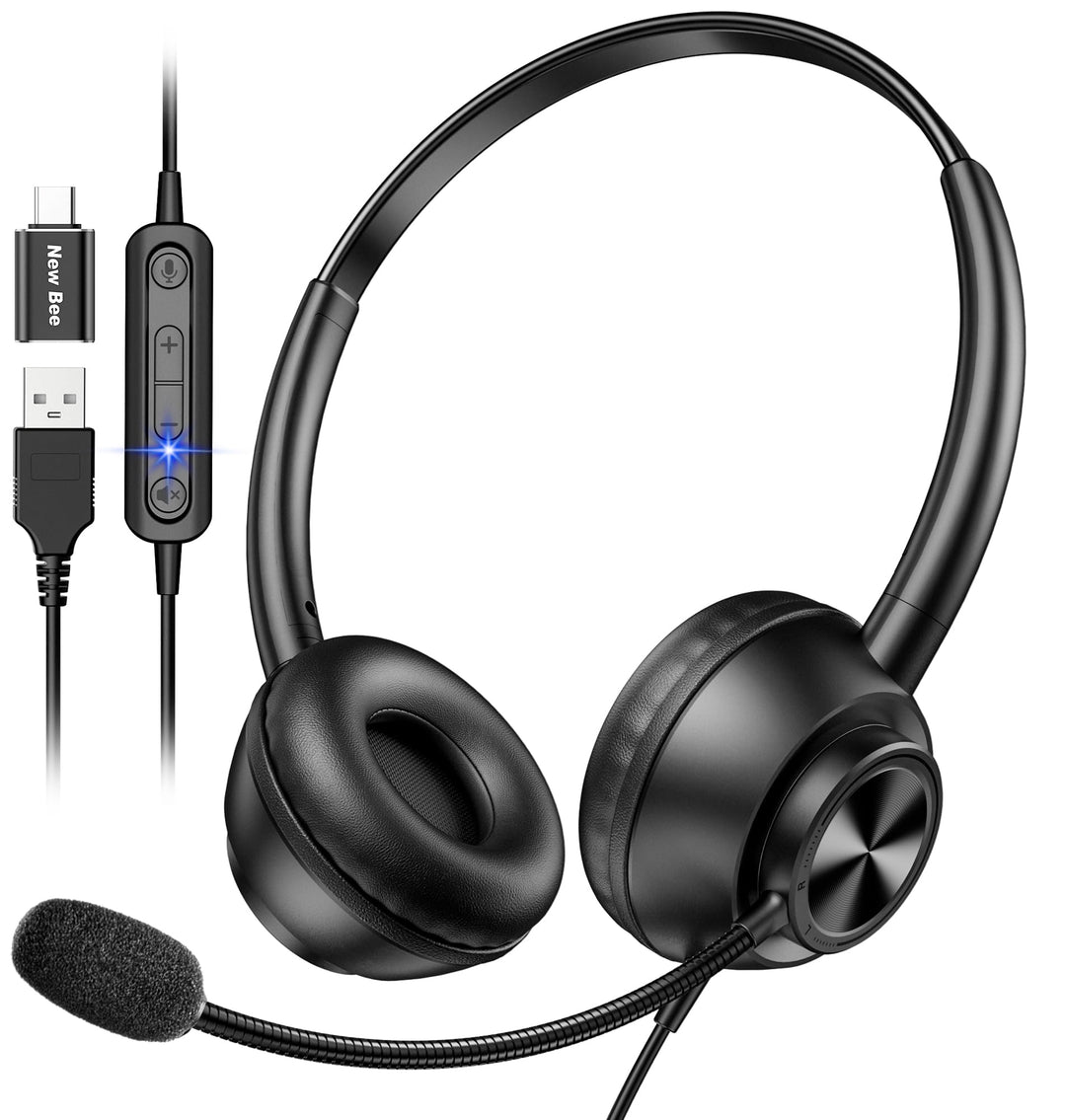 New Bee USB Headset mit Mikrofon, PC Headset mit USB-A & USB-C, Verstellbares Mikrofon für Call Cent