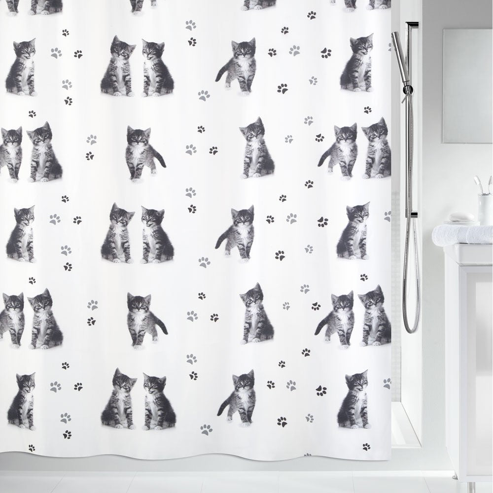 Spirella Anti-Schimmel Duschvorhang - Anti-Bakteriell, waschbar, wasserdicht, Polyester, „Katze“ 180