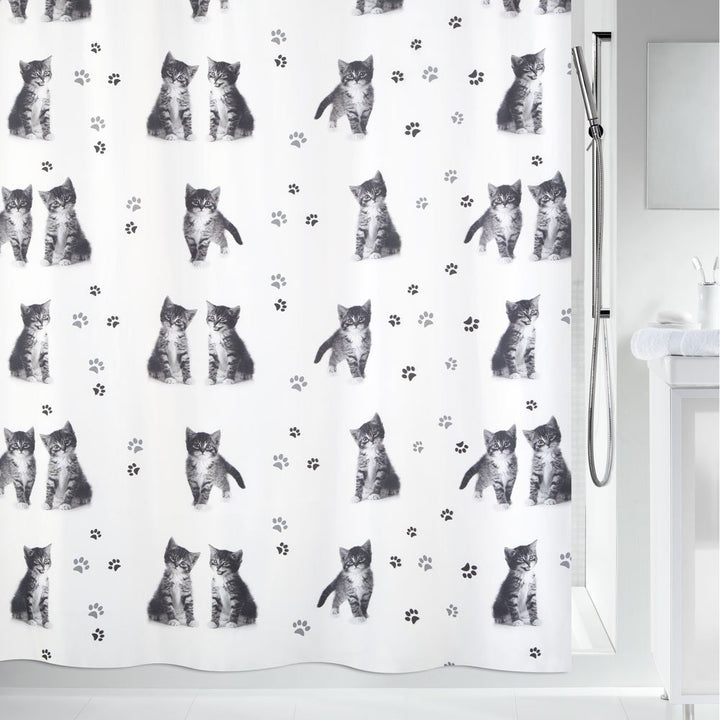 Spirella Anti-Schimmel Duschvorhang - Anti-Bakteriell, waschbar, wasserdicht, Polyester, „Katze“ 180