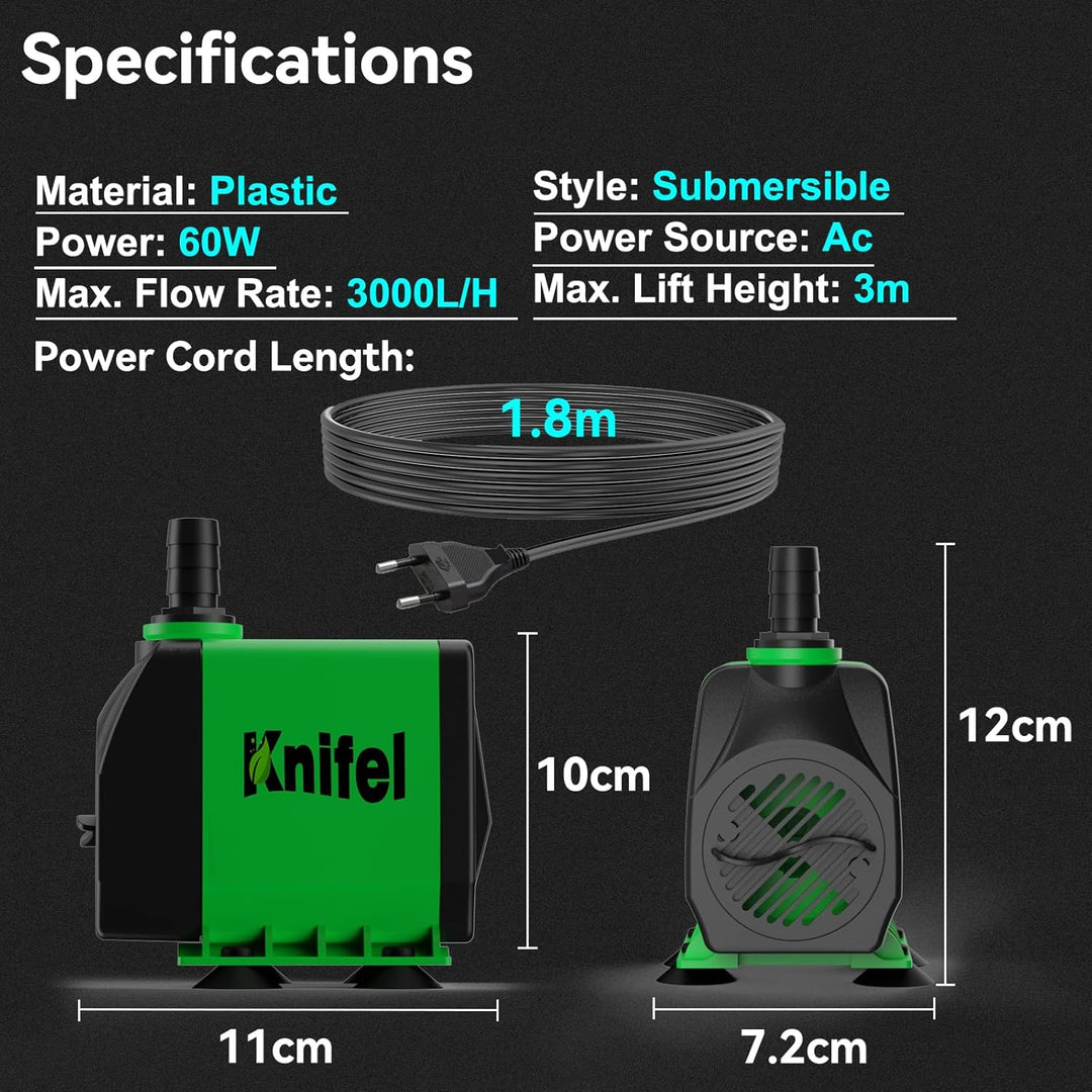 Teichpumpe Filterpumpe 60W 3000L/H Schutz vor überhitzung Funktion Ultra Leise Springbrunnenpumpe Wa