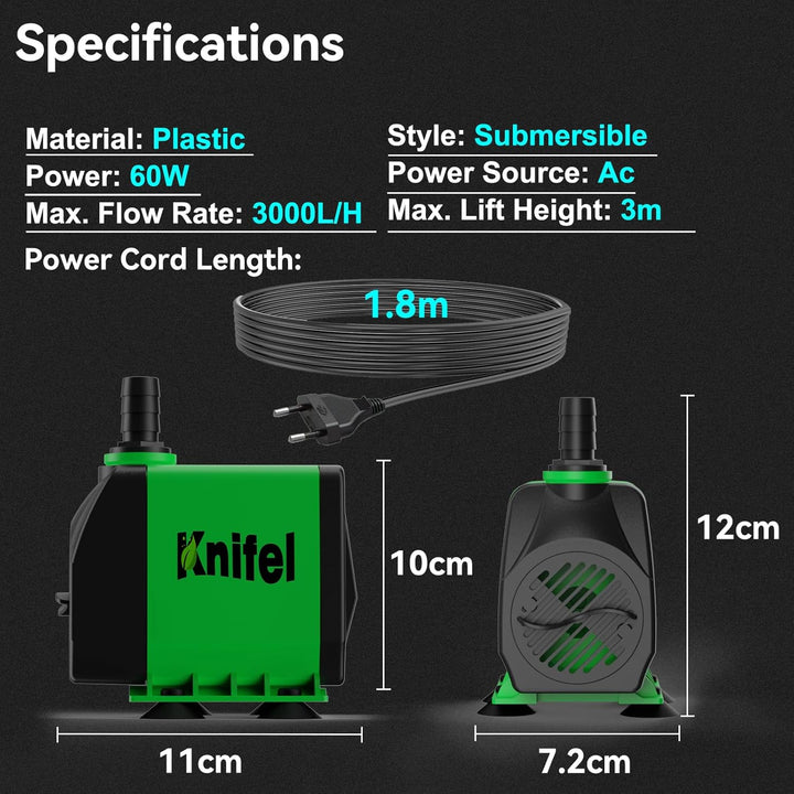 Teichpumpe Filterpumpe 60W 3000L/H Schutz vor überhitzung Funktion Ultra Leise Springbrunnenpumpe Wa