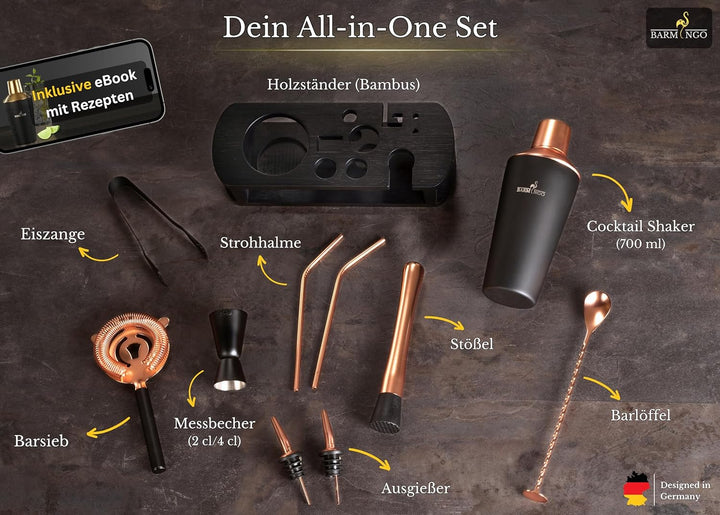 BARMINGO® Edelstahl Cocktail Set 11tlg. – 700 ml Cocktail Shaker Set mit Ständer und Bar Zubehör, Co