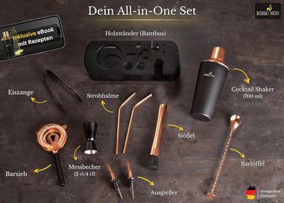 BARMINGO® Edelstahl Cocktail Set 11tlg. – 700 ml Cocktail Shaker Set mit Ständer und Bar Zubehör, Co