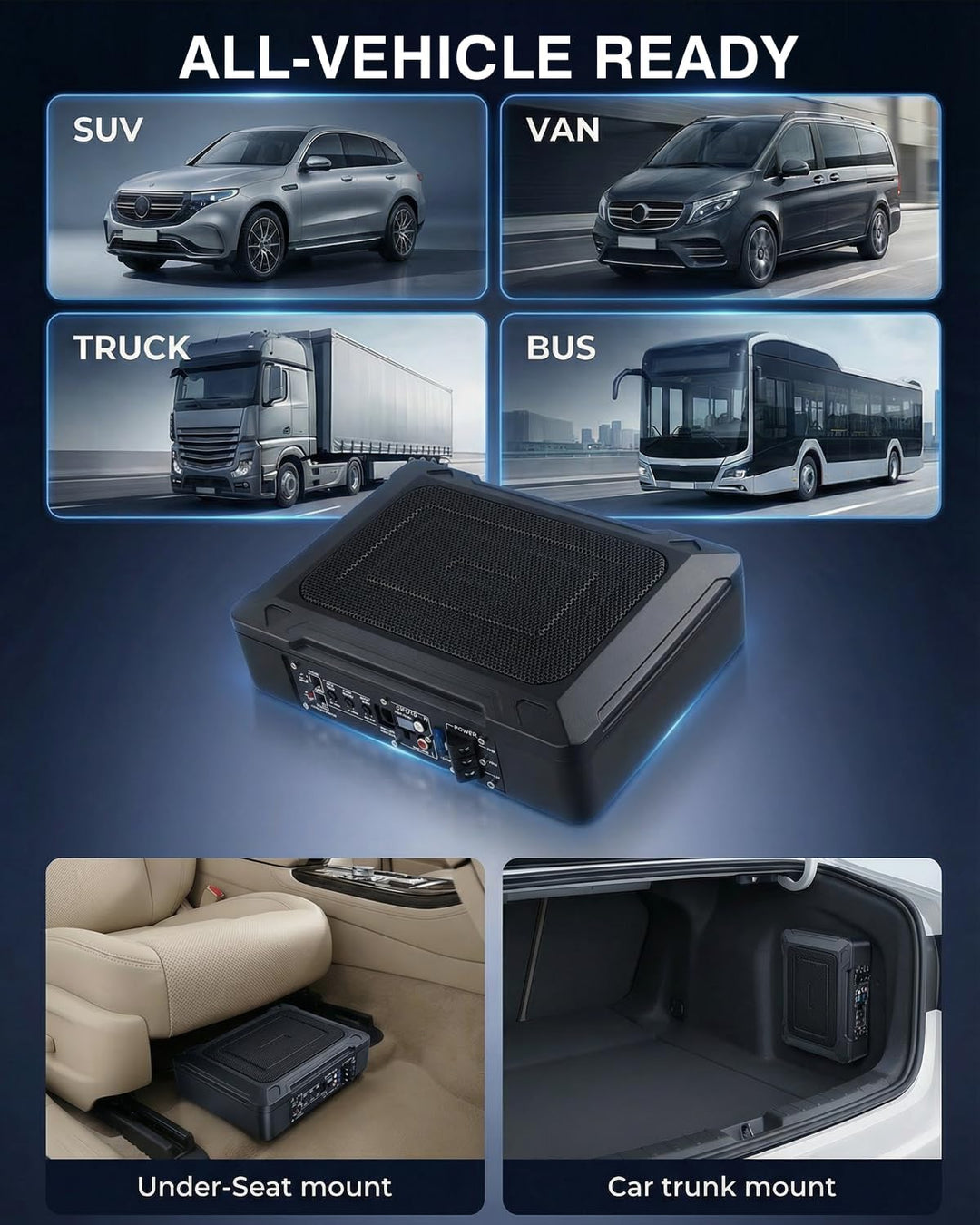 Ultraflacher Auto-Subwoofer, geeignet für Auto/Truck, mit integriertem Verstärker, unter den Sitzen
