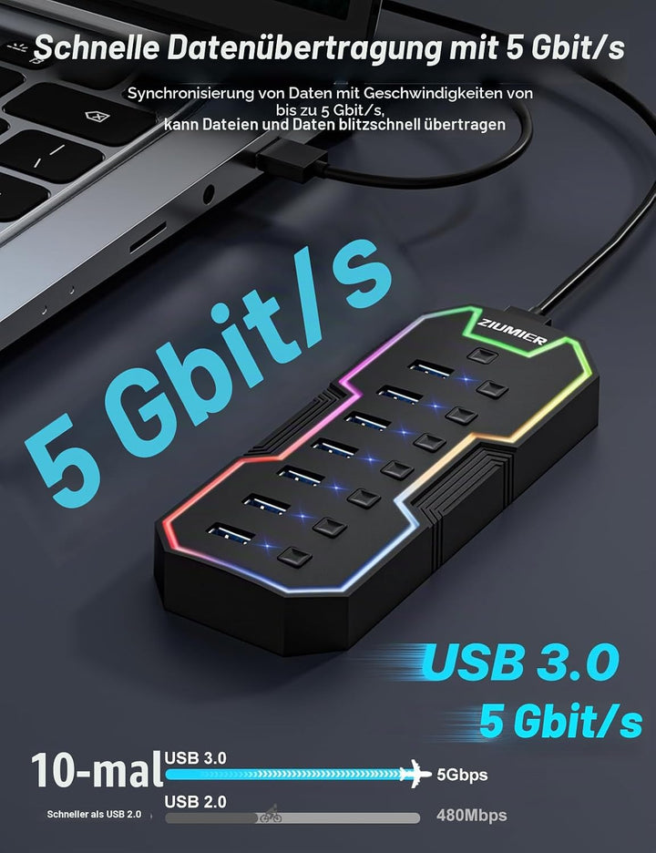 ZIUMIER USB 3.0-Hub, 7-Port-USB-Expander mit RGB-LED-Streifen für MacBook, Mac Pro, Mac mini, iMac,