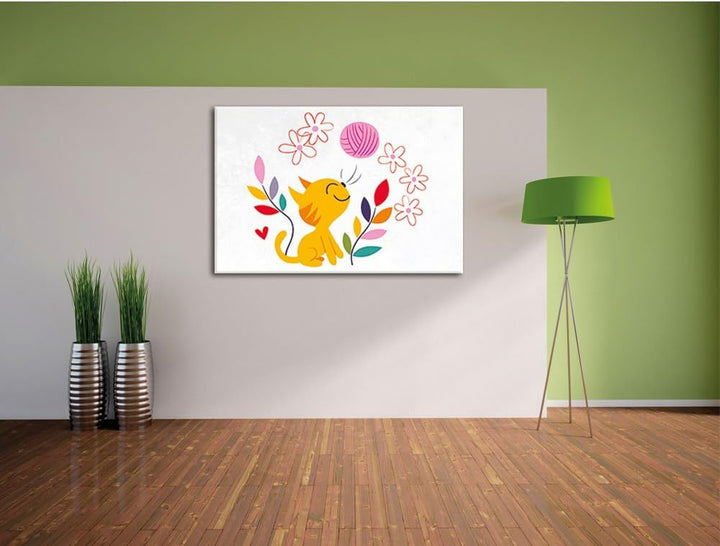 Pixxprint Niedliche Katze mit Wollknäuel als Leinwandbild/Grösse: 100x70 cm/Wandbild/Kunstdruck/fert