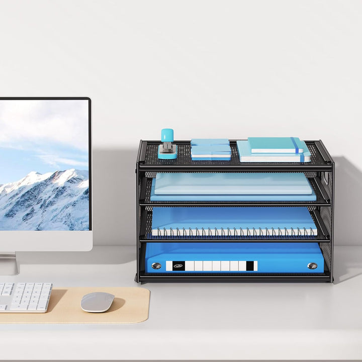 Marbrasse Schreibtisch Organizer,4-Stufiges Metall Netz-Briefablage mit Griff,Zeitungsordner,Papier