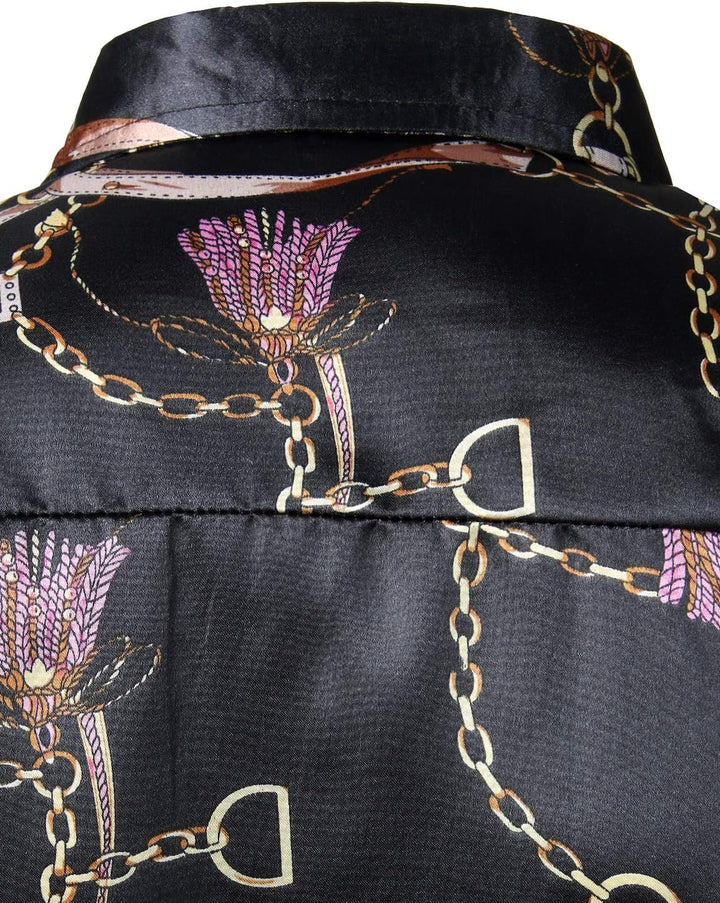 PARKLEES Lässiges, luxuriöses Herrenhemd, bedruckt, seidenähnlich, Satin, Knopfleiste, für Party, Ho