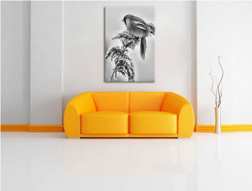 Pixxprint Monocrome, Kleiner Vogel auf Weizen im Winter, Format: 100x70 auf Leinwand, XXL riesige Bi